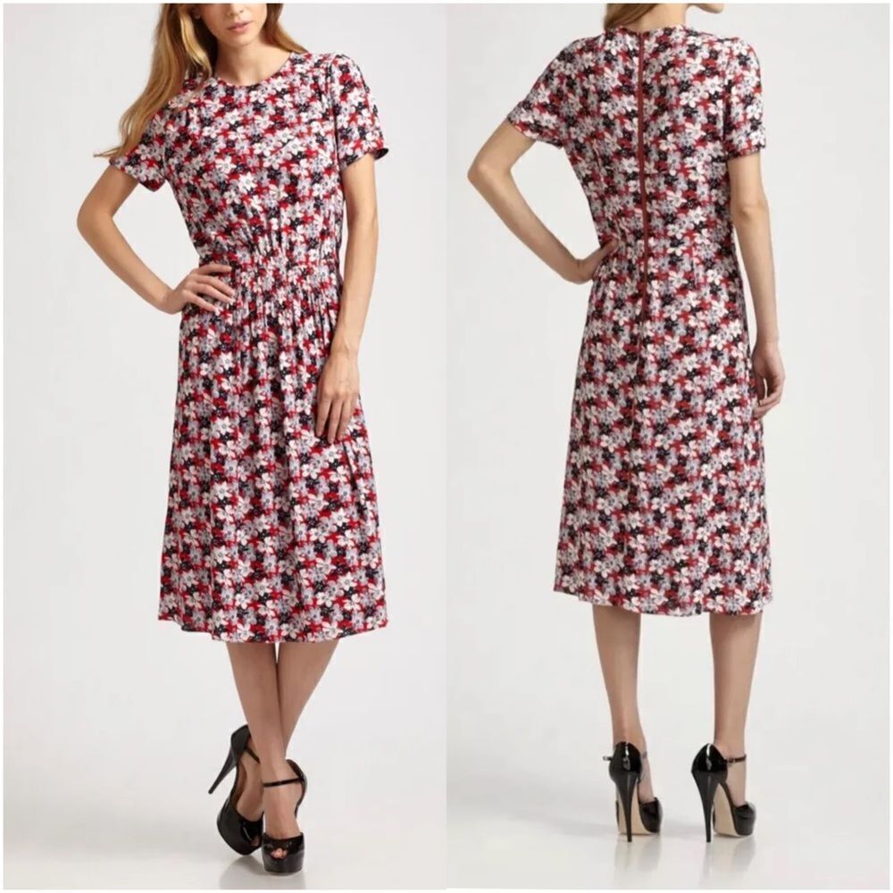 Joseph Floral Midi Dress in Red, Black & White